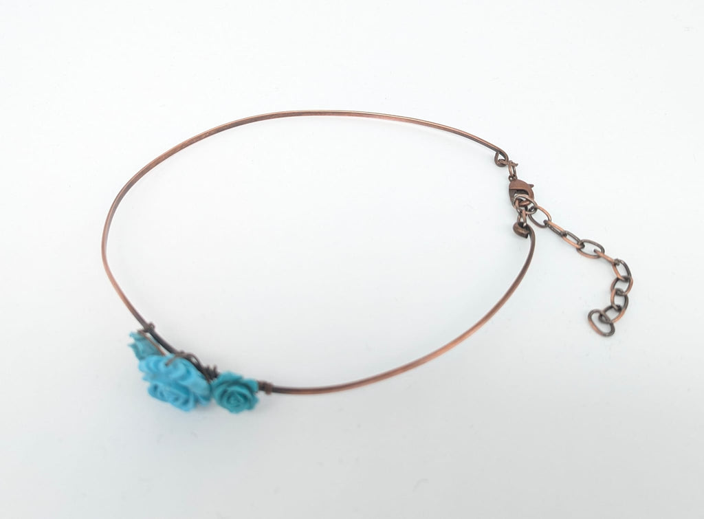 Copper Hair band with three resin cast turquoise roses