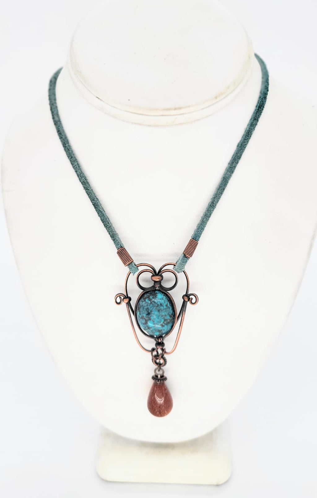Genuine Turquoise Stone Wrapped in Copper with a Goldstone Drop