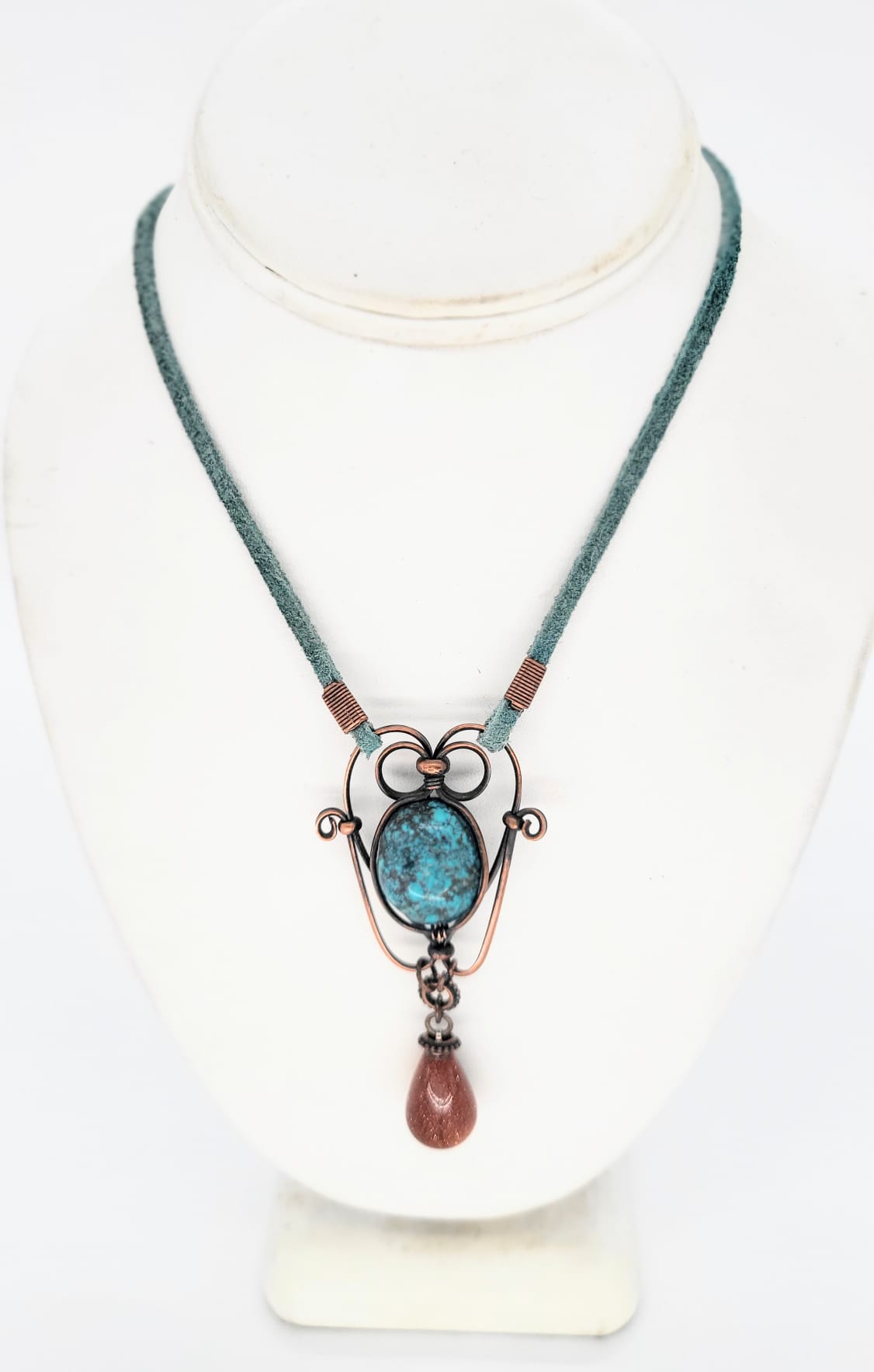 Genuine Turquoise Stone Wrapped in Copper with a Goldstone Drop