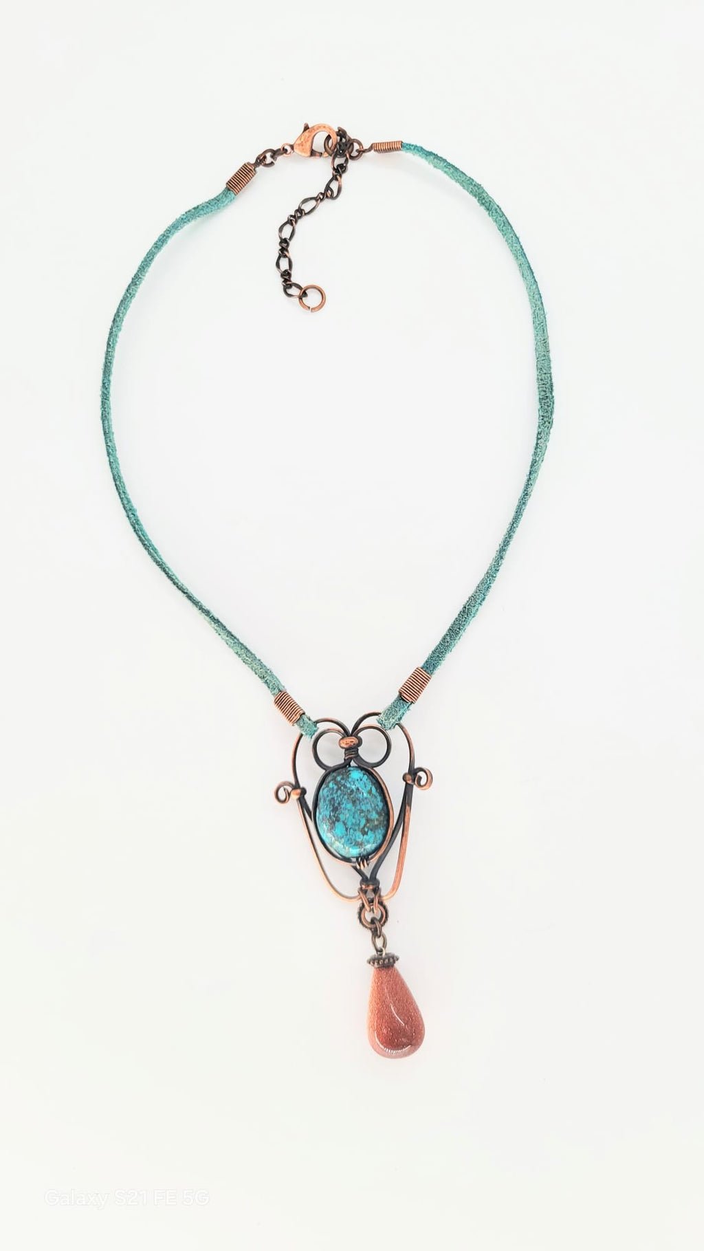 Genuine Turquoise Stone Wrapped in Copper with a Goldstone Drop