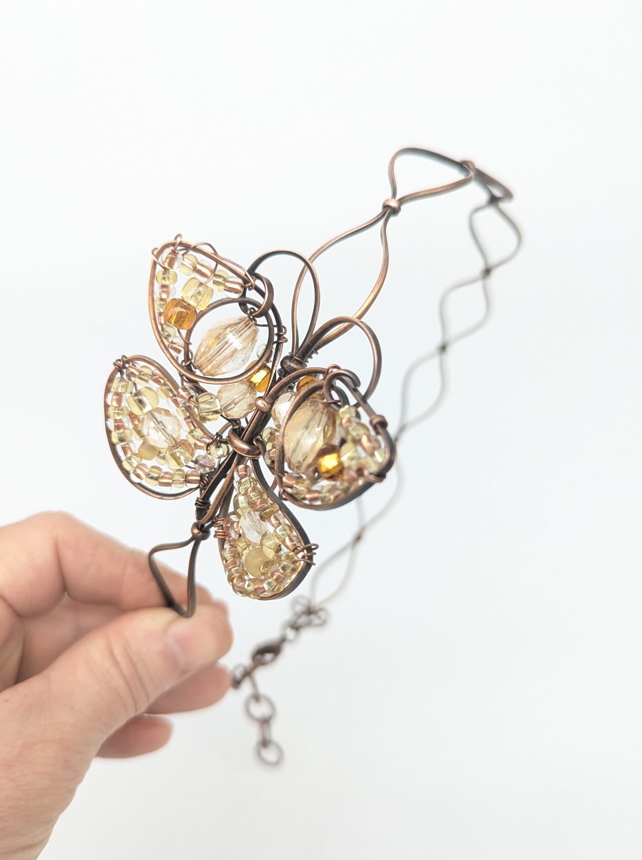 One of a kind Copper Butterfly Hair Band with Champagne Colored Glass Beads