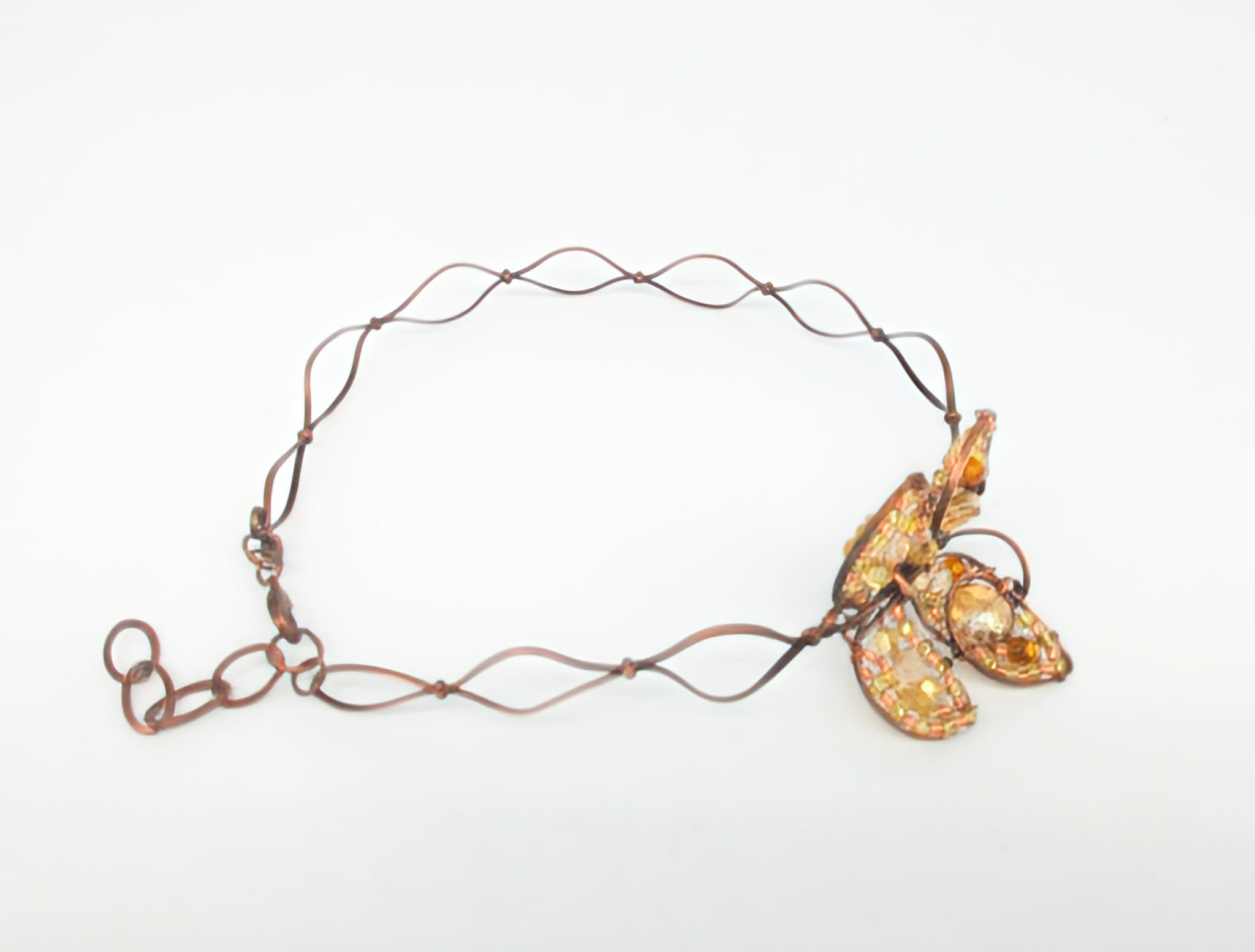 One of a kind Copper Butterfly Hair Band with Champagne Colored Glass Beads