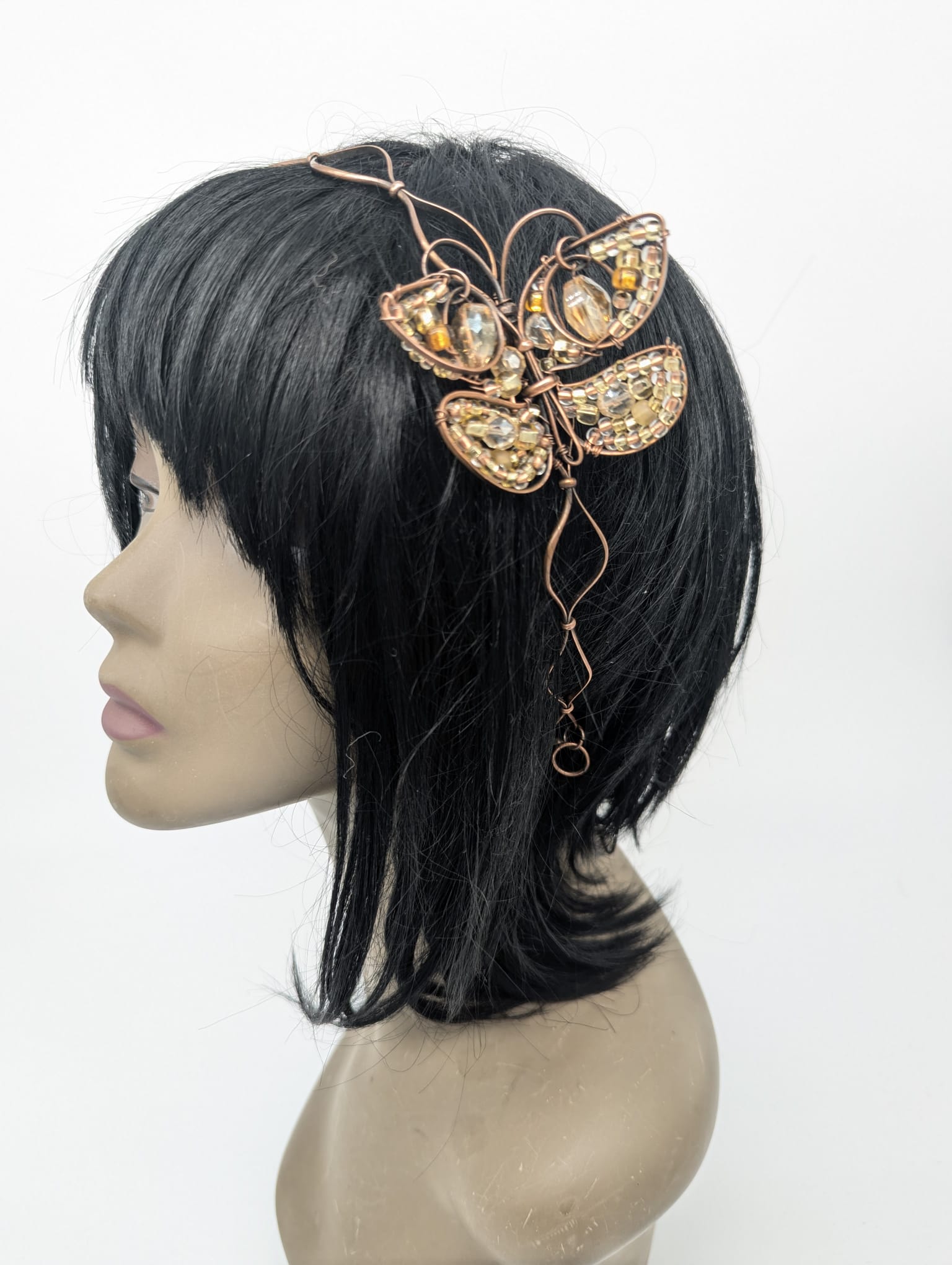 One of a kind Copper Butterfly Hair Band with Champagne Colored Glass Beads