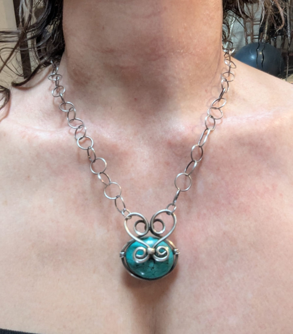 Sterling Silver Wrapped Genuine Turquoise Stone Pendant