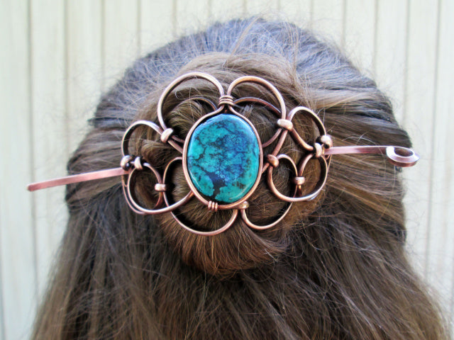 Genuine Turquoise Copper Hair Piece, with Stick